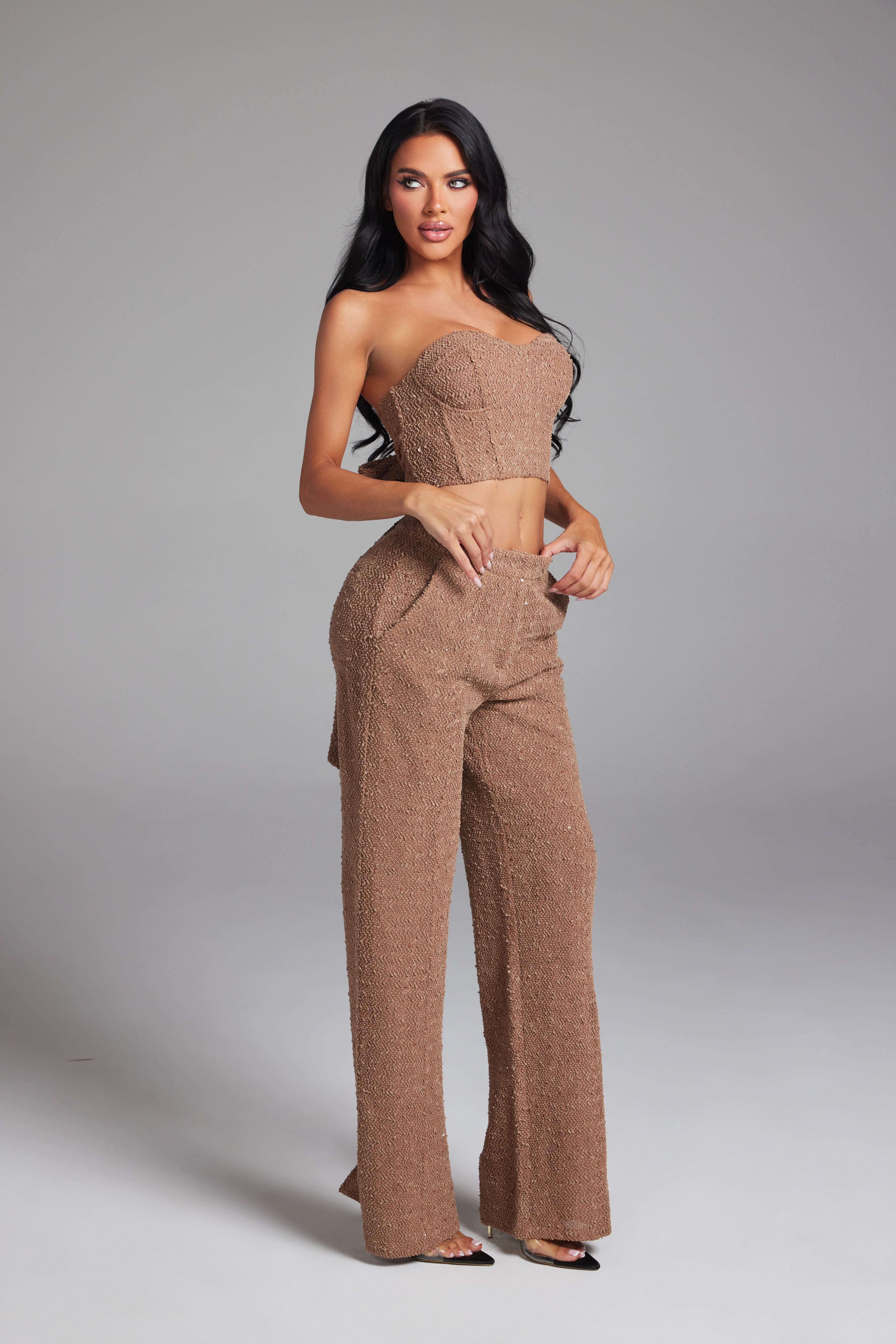 Sequin Tweed Tube Top and Wide Leg Pants Matching Set