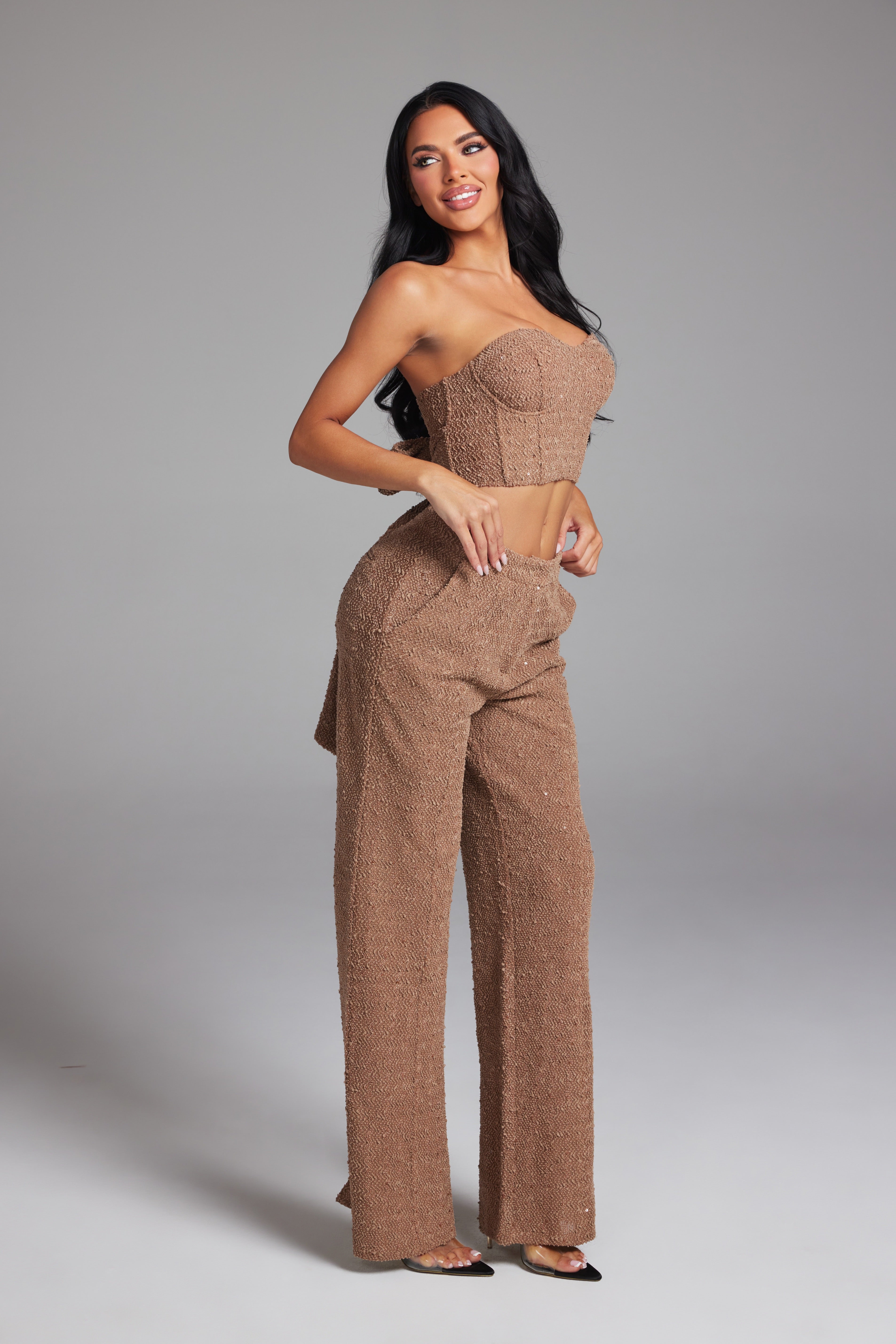 Sequin Tweed Tube Top and Wide Leg Pants Matching Set
