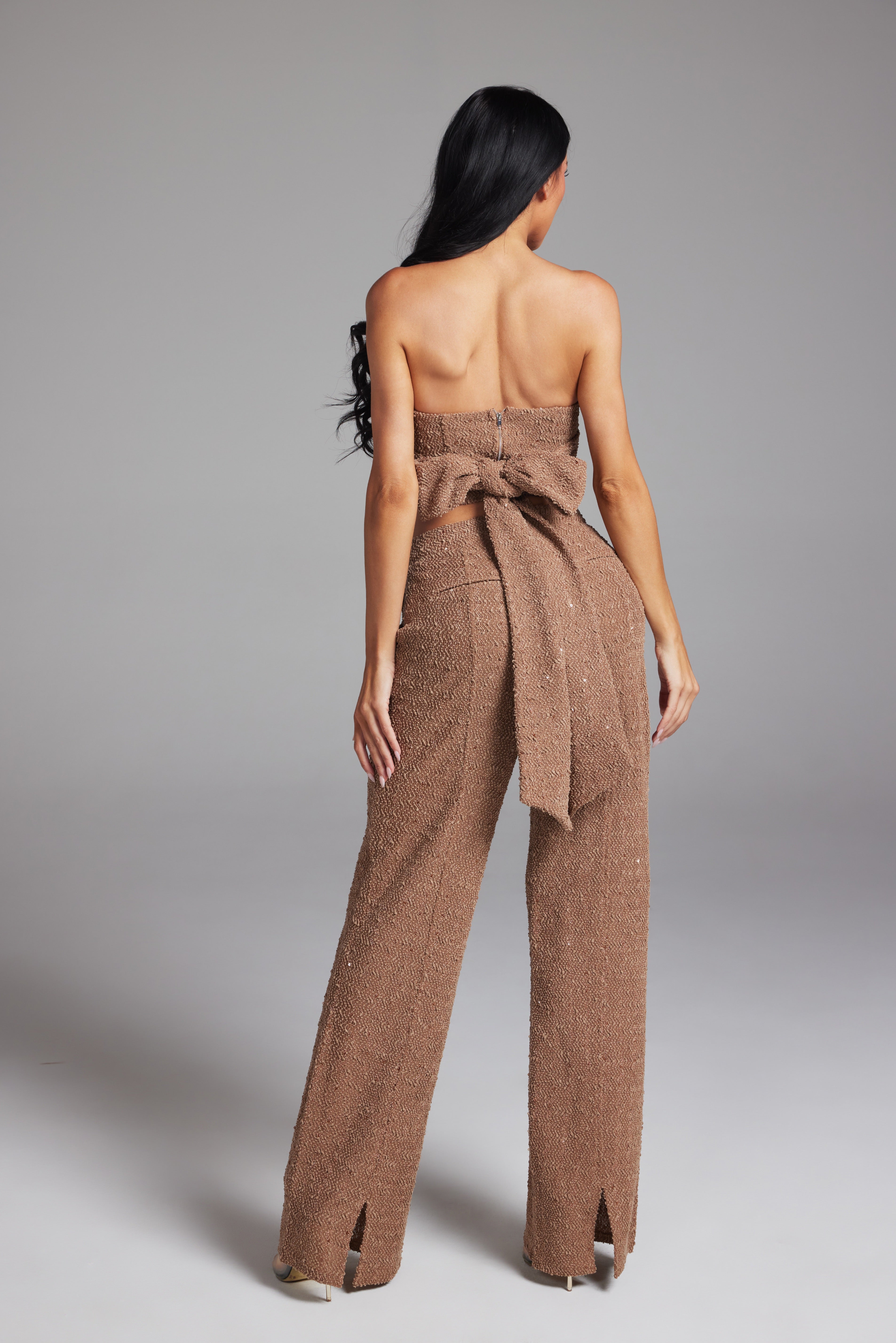 Sequin Tweed Tube Top and Wide Leg Pants Matching Set