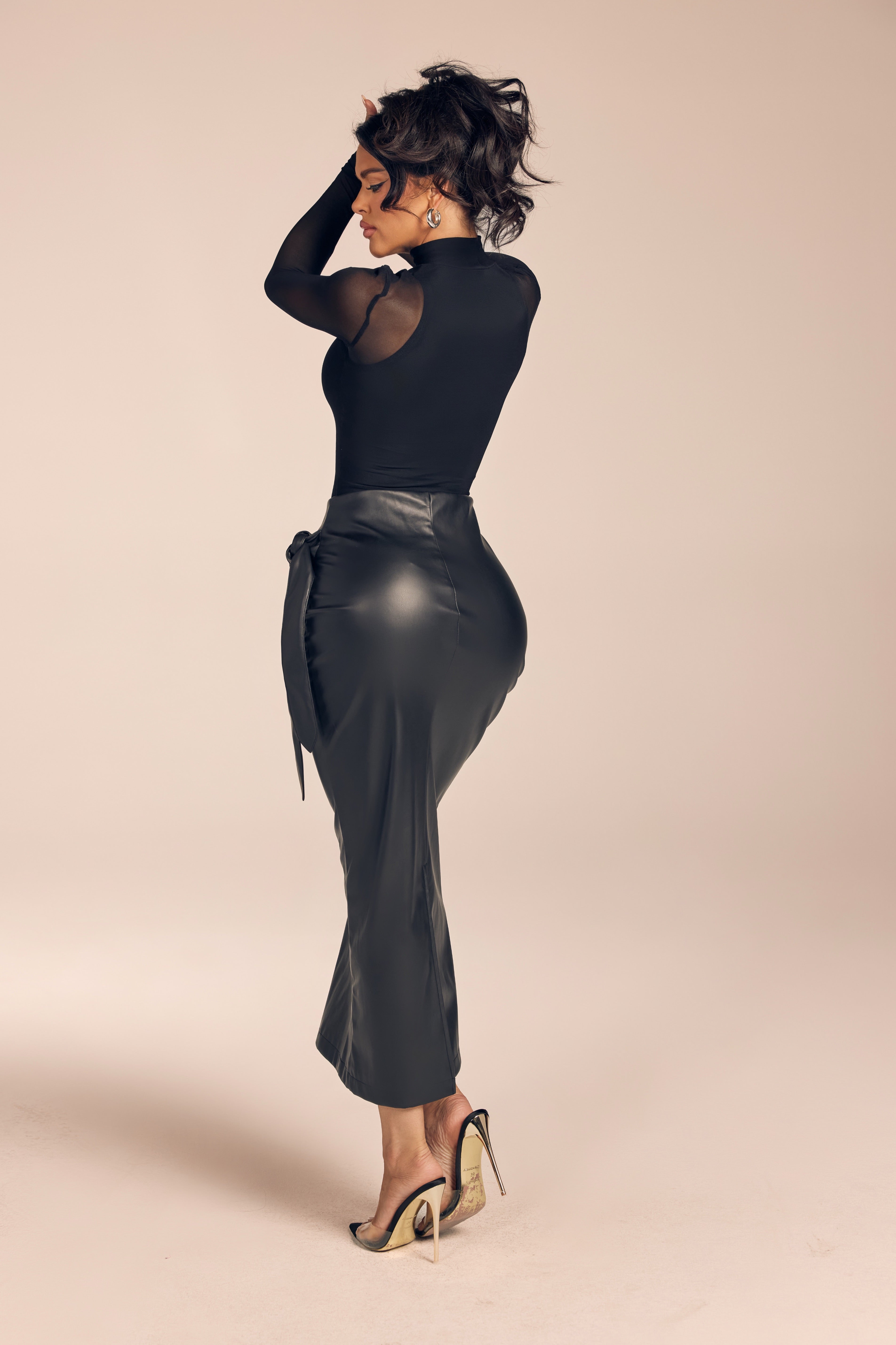 Mesh Long Sleeve Top and Faux Leather Ruched Maxi Skirt Set