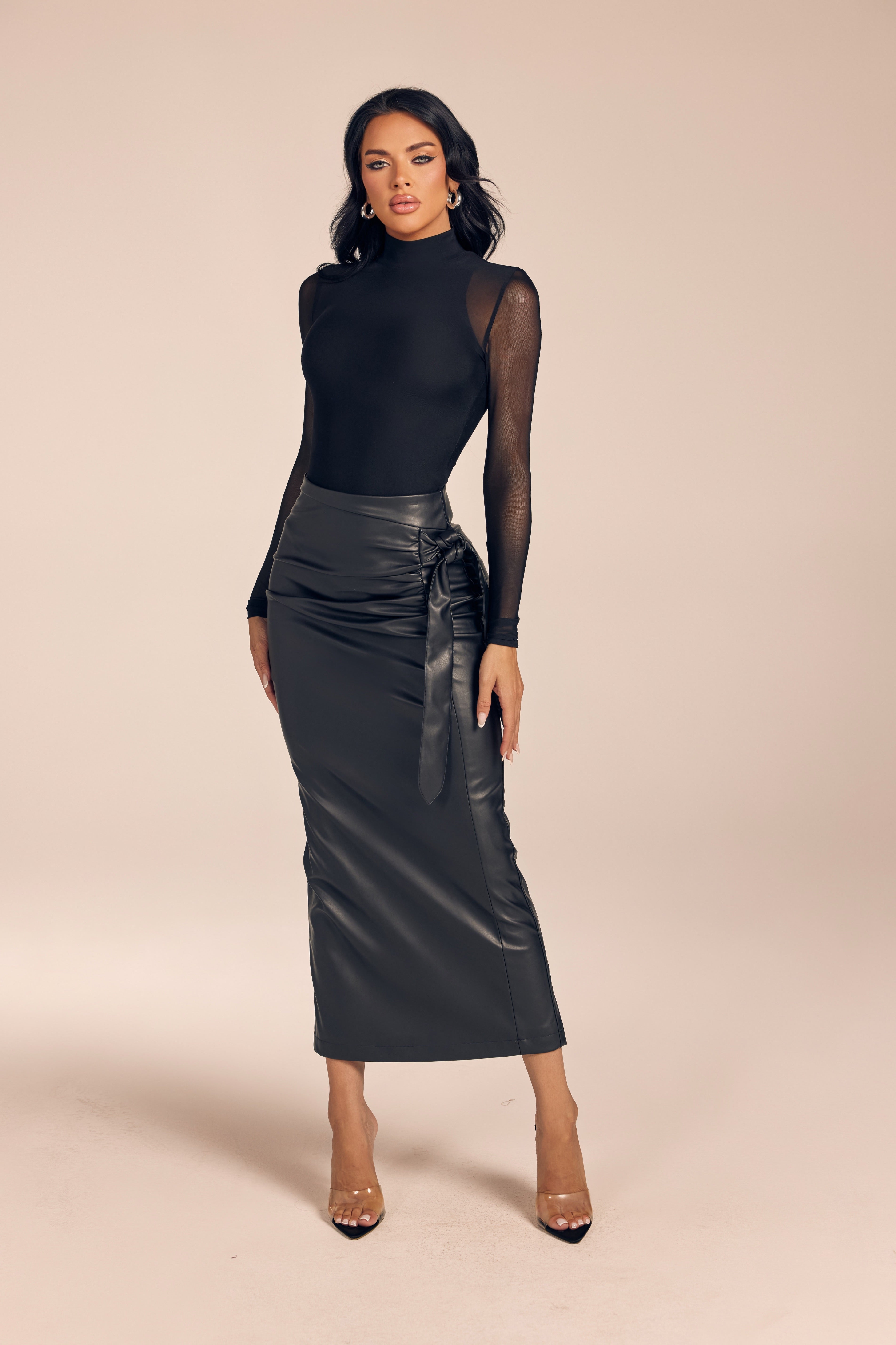 Mesh Long Sleeve Top and Faux Leather Ruched Maxi Skirt Set