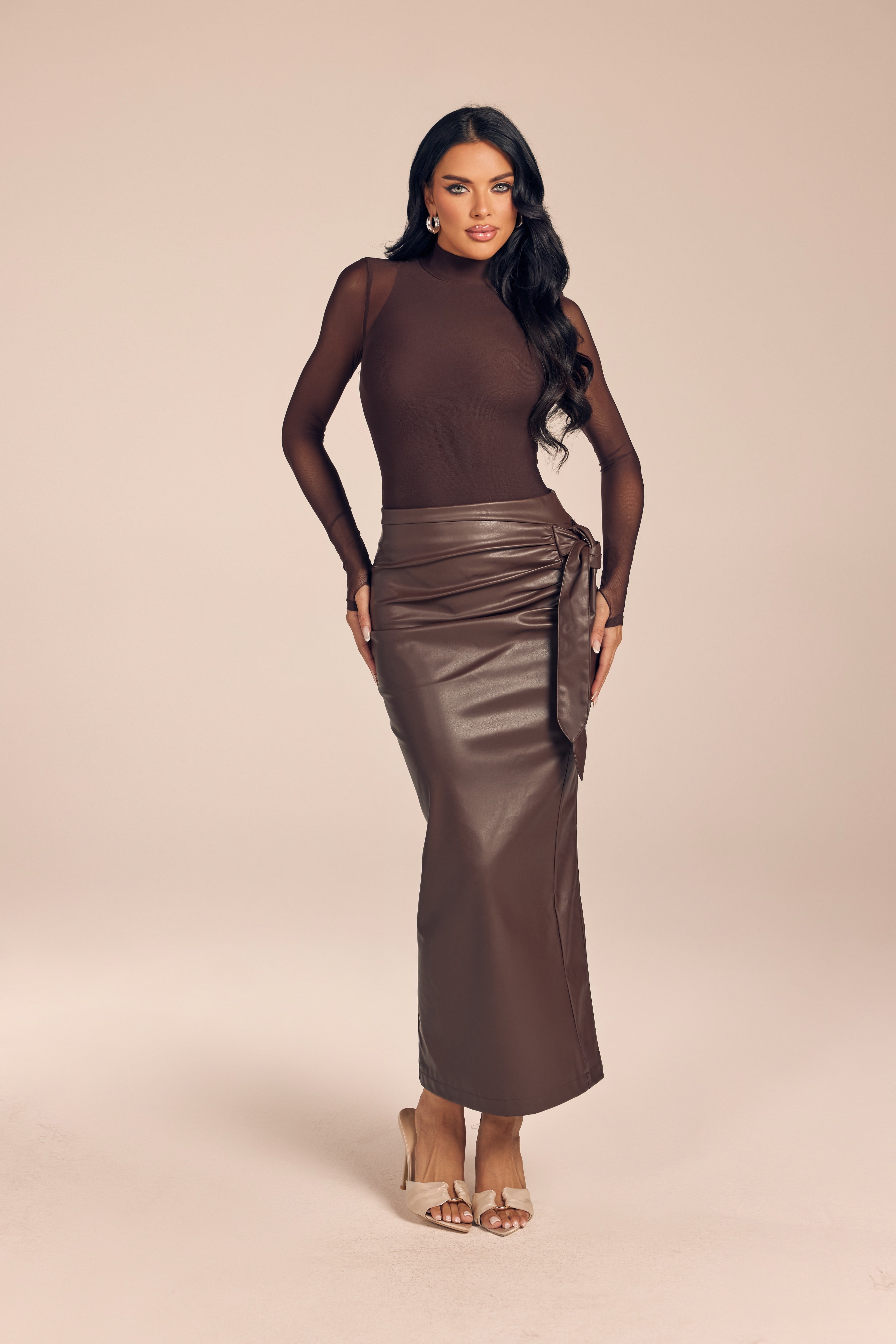 Mesh Long Sleeve Top and Faux Leather Ruched Maxi Skirt Set