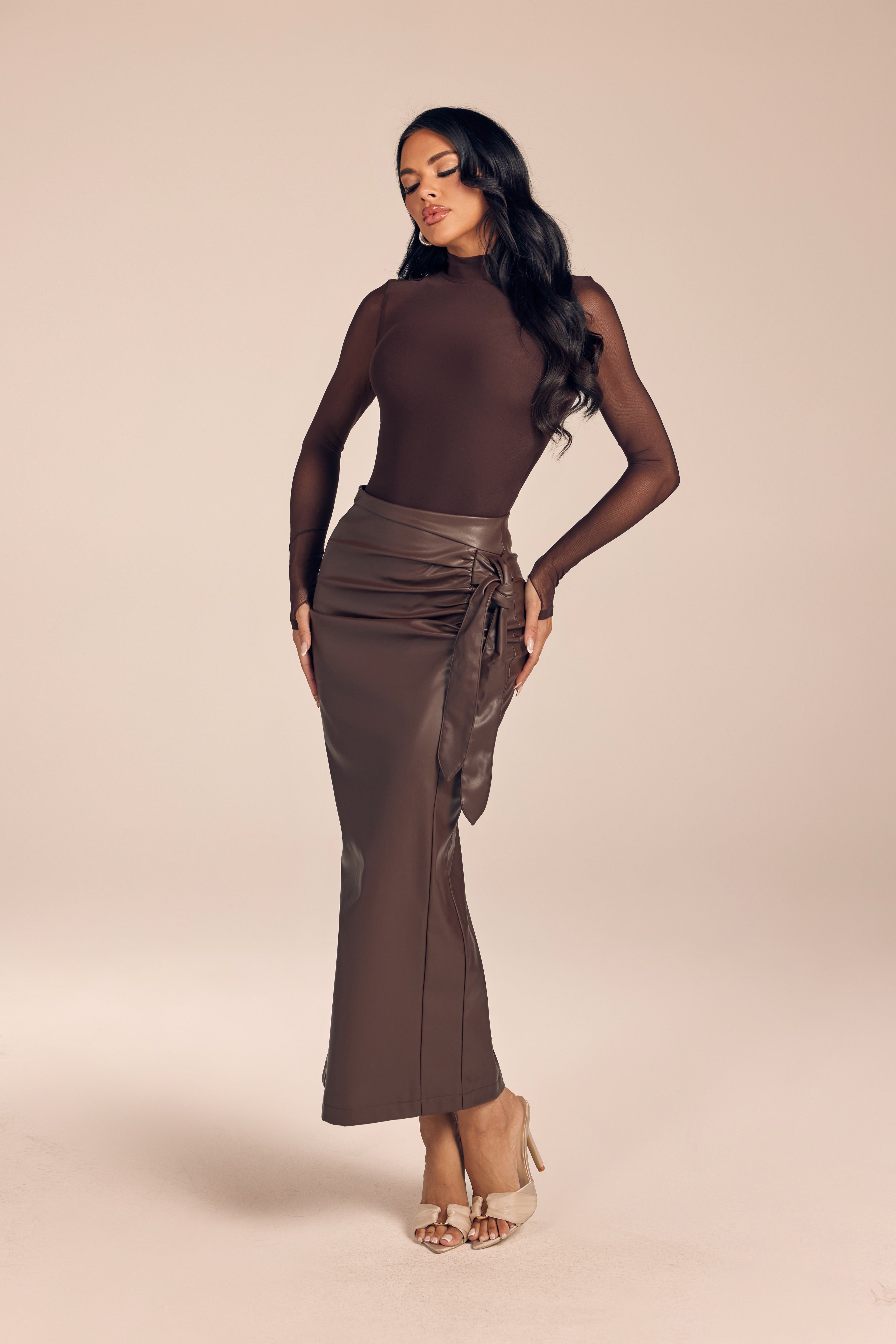 Mesh Long Sleeve Top and Faux Leather Ruched Maxi Skirt Set