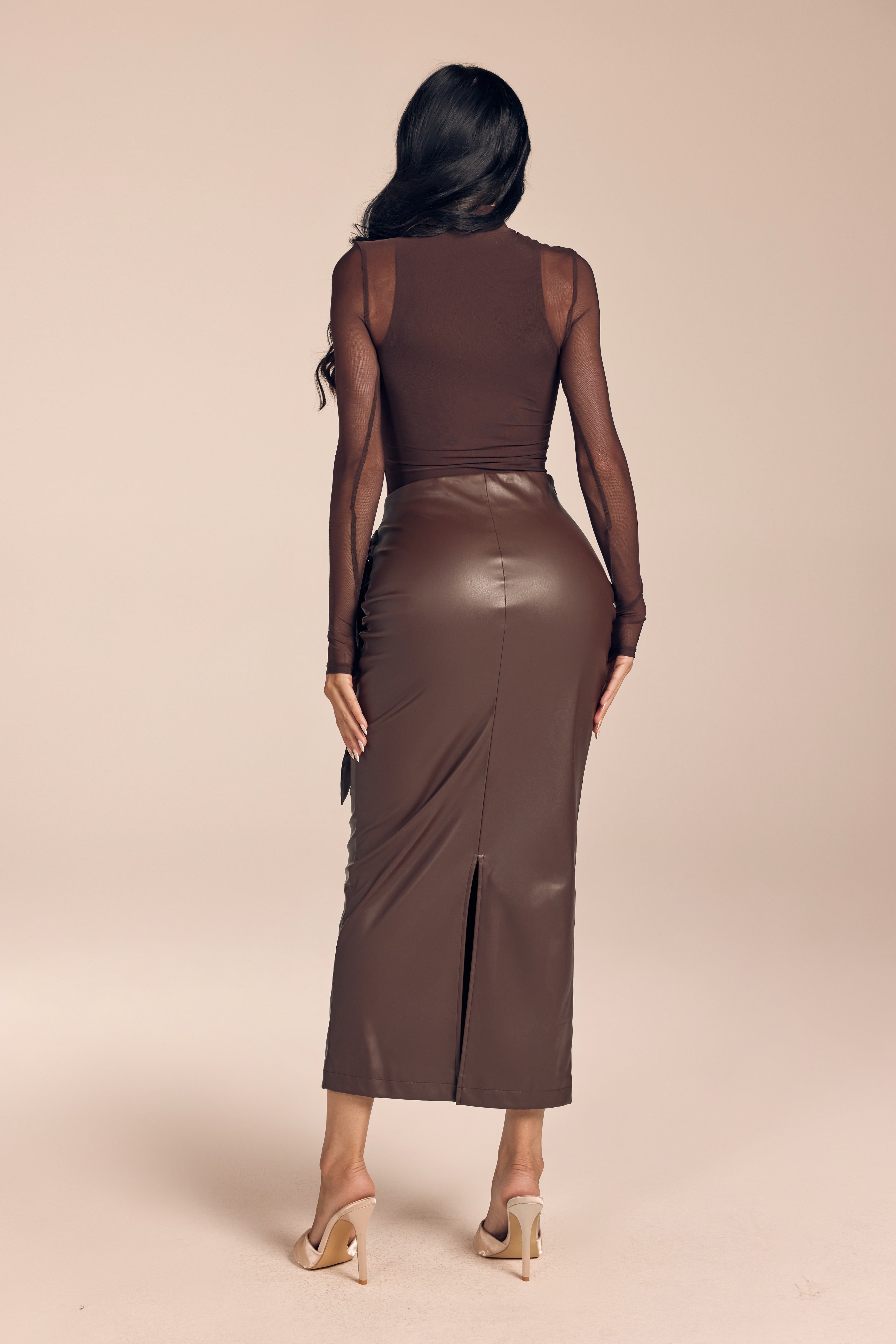 Mesh Long Sleeve Top and Faux Leather Ruched Maxi Skirt Set
