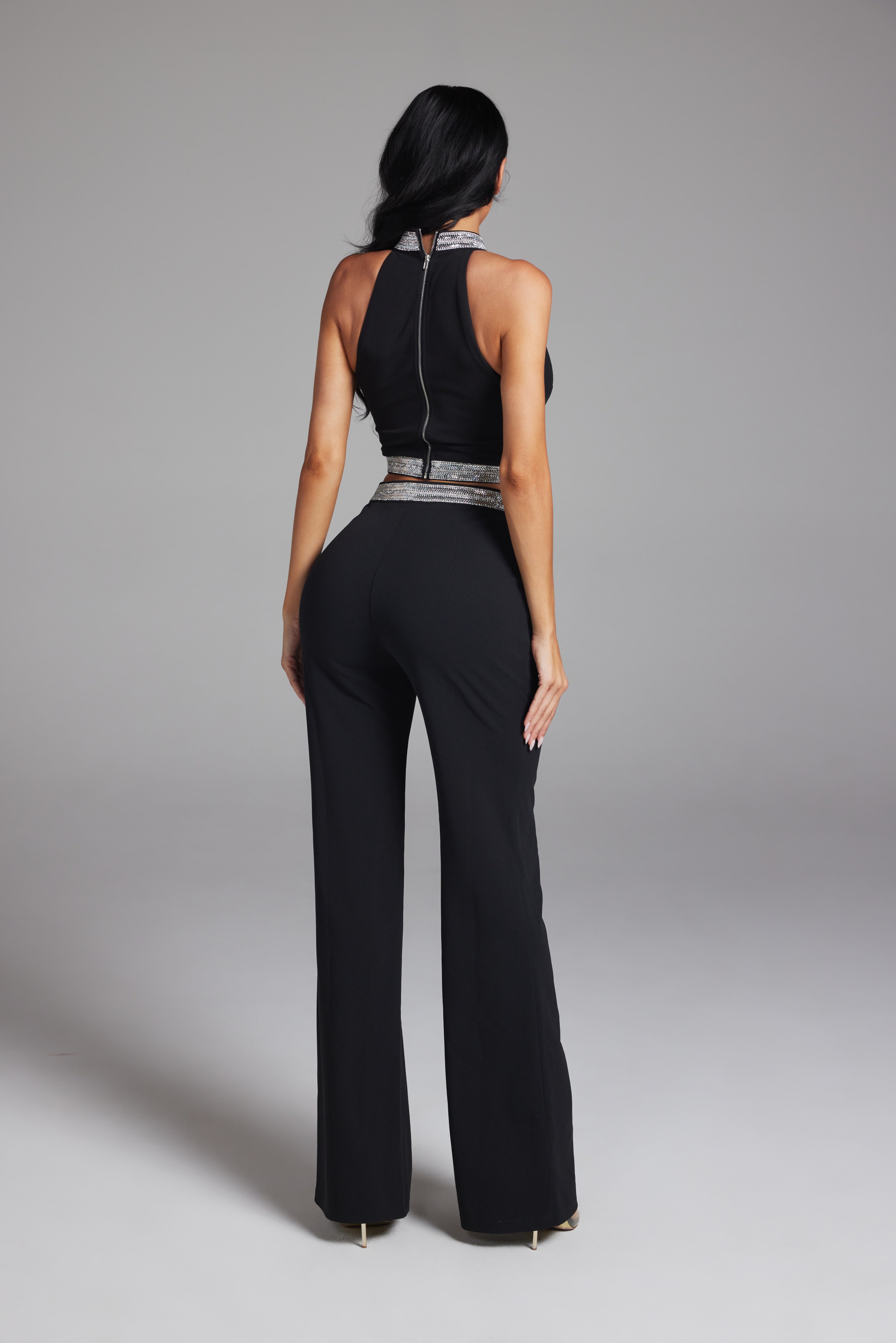 Crystal Trimmed Sleeveless Crop Top and Wide Leg Pant SET