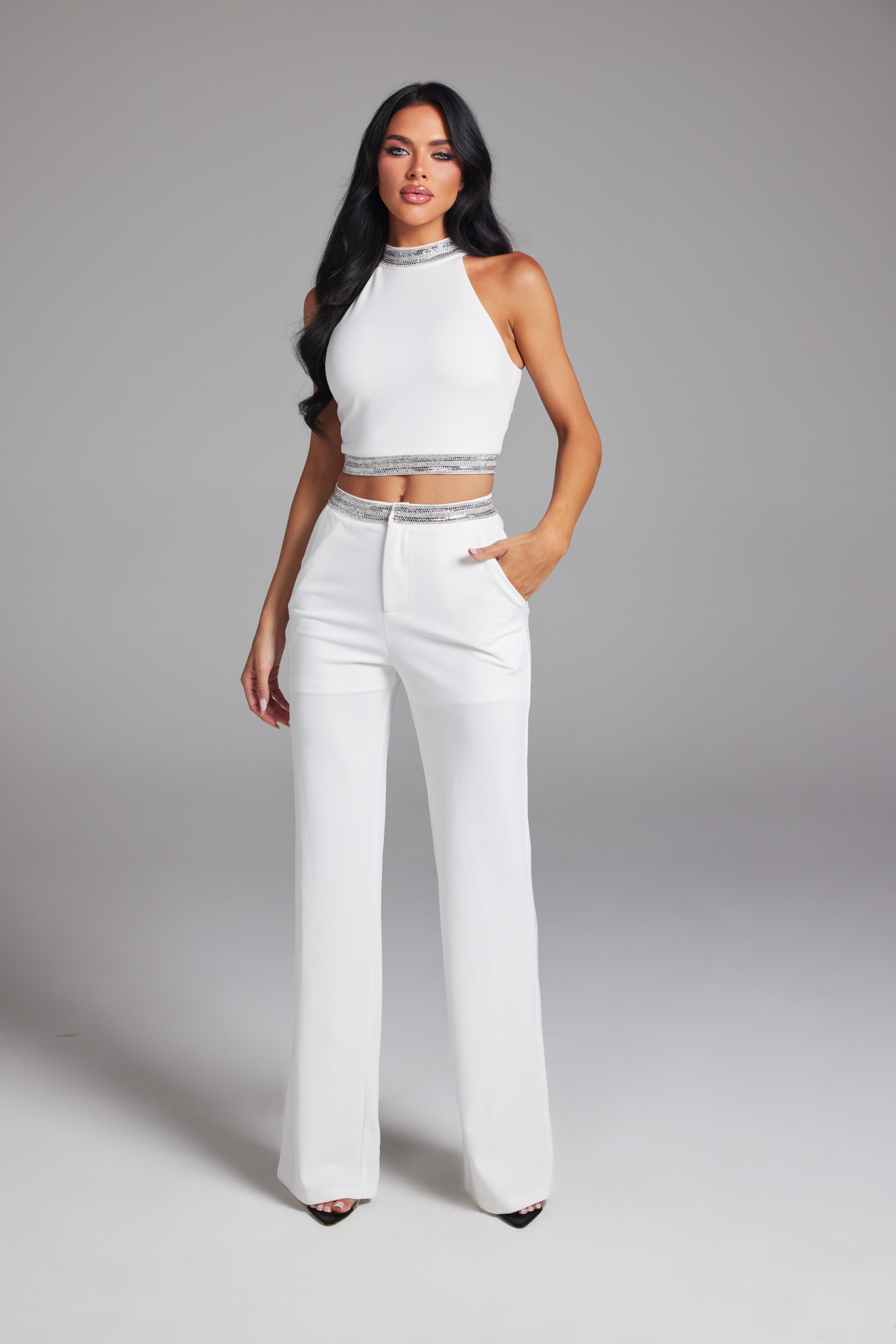 Crystal Trimmed Sleeveless Crop Top and Wide Leg Pant SET