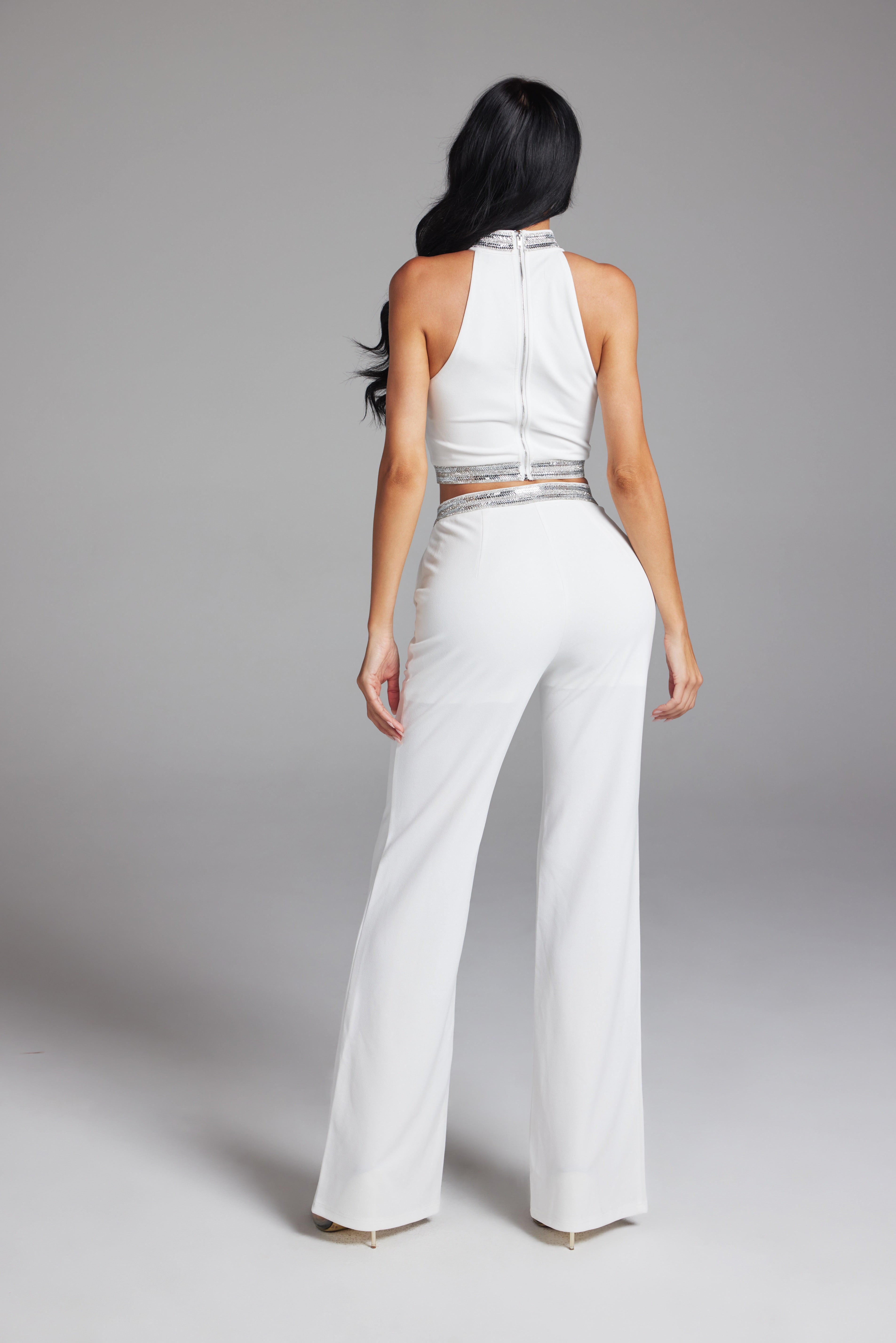 Crystal Trimmed Sleeveless Crop Top and Wide Leg Pant SET