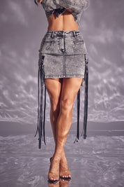 Denim Cargo Mini Skirt with Satin Straps