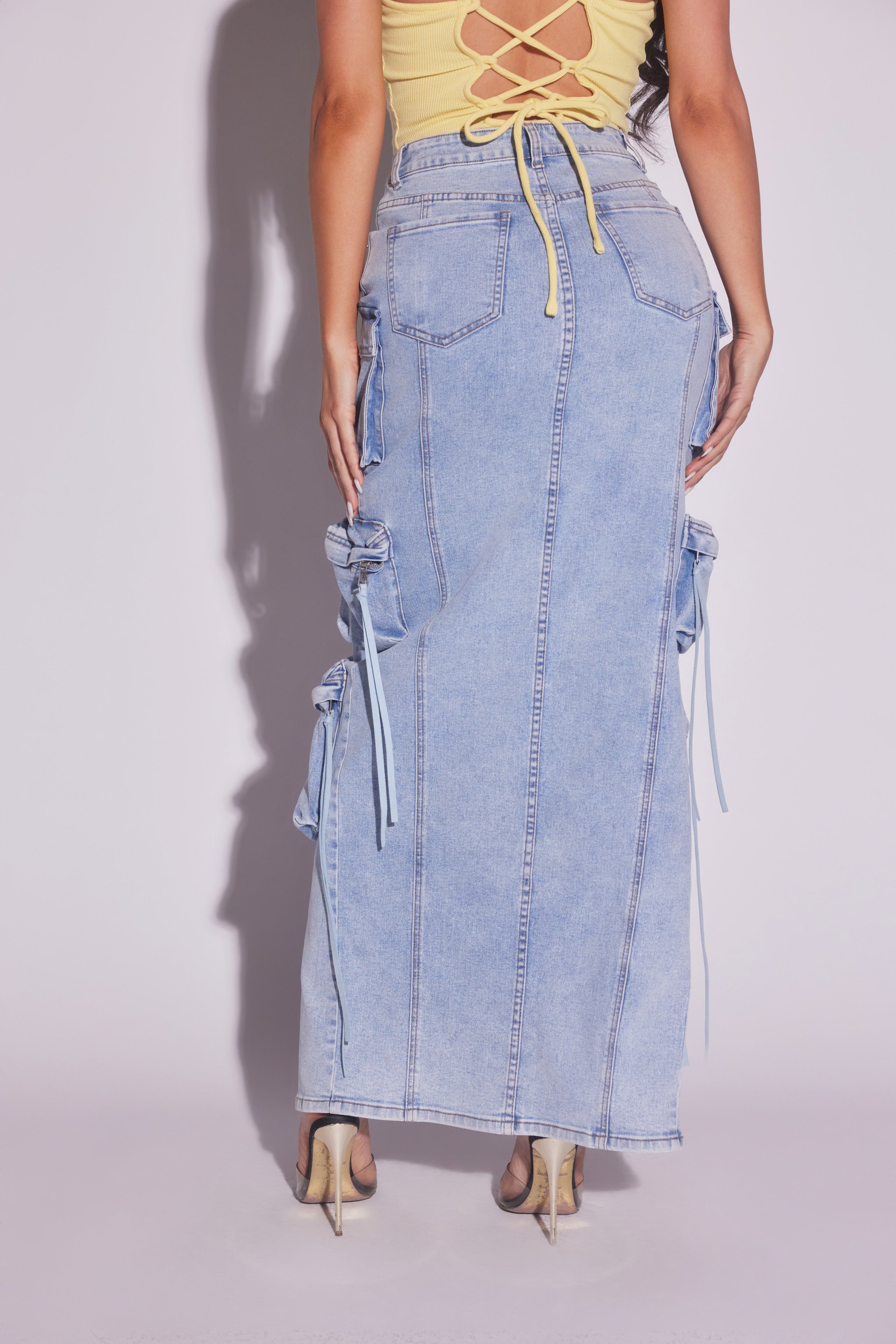 Denim Cargo Maxi Skirt