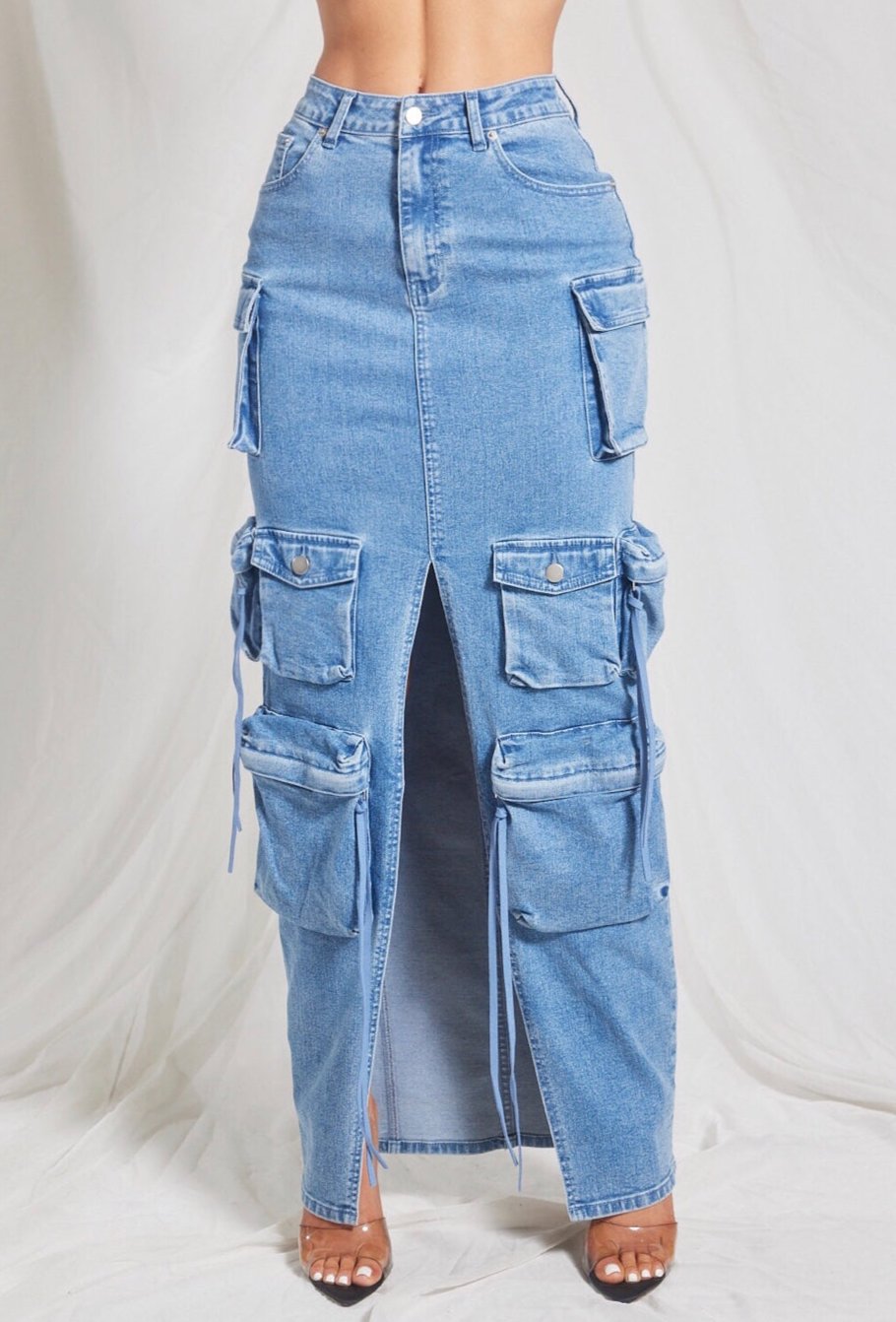 Denim Cargo Maxi Skirt