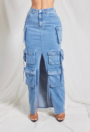 Denim Cargo Maxi Skirt