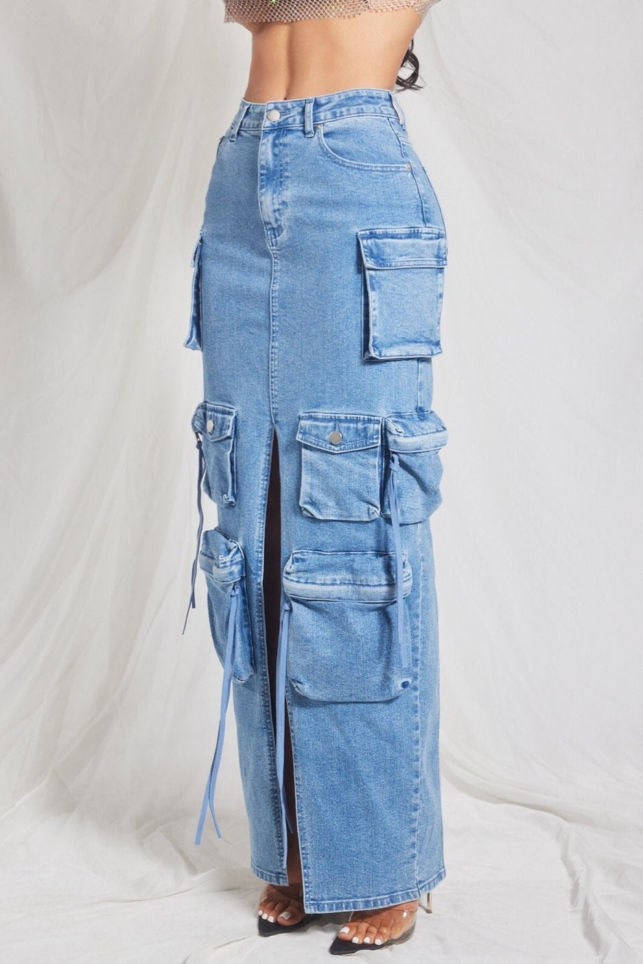 Denim Cargo Maxi Skirt