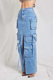 Denim Cargo Maxi Skirt