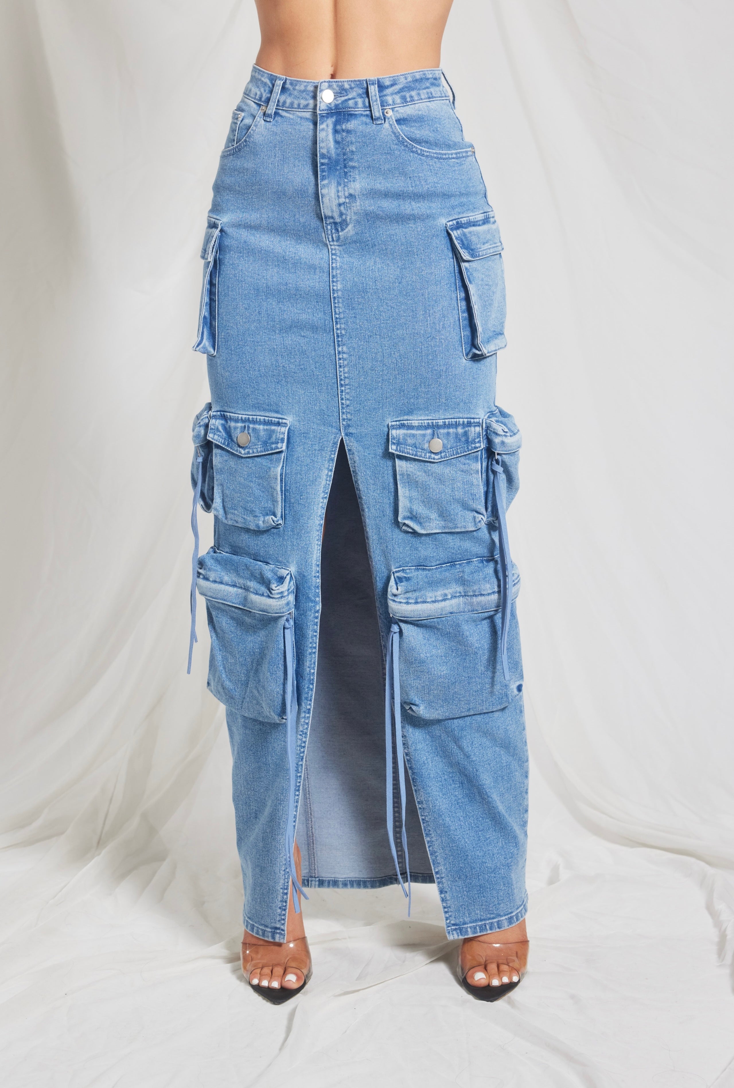 Denim Cargo Maxi Skirt