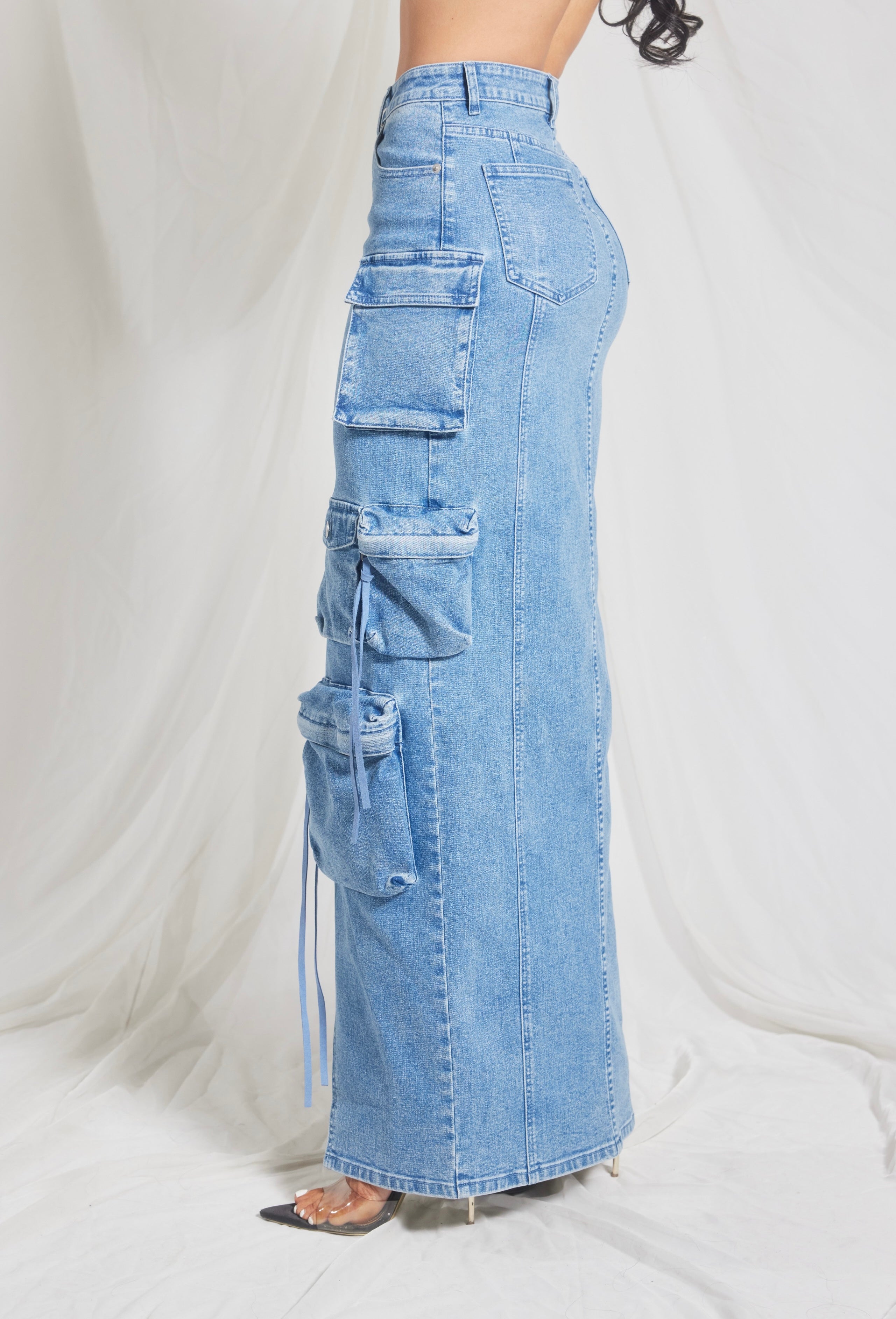 Denim Cargo Maxi Skirt