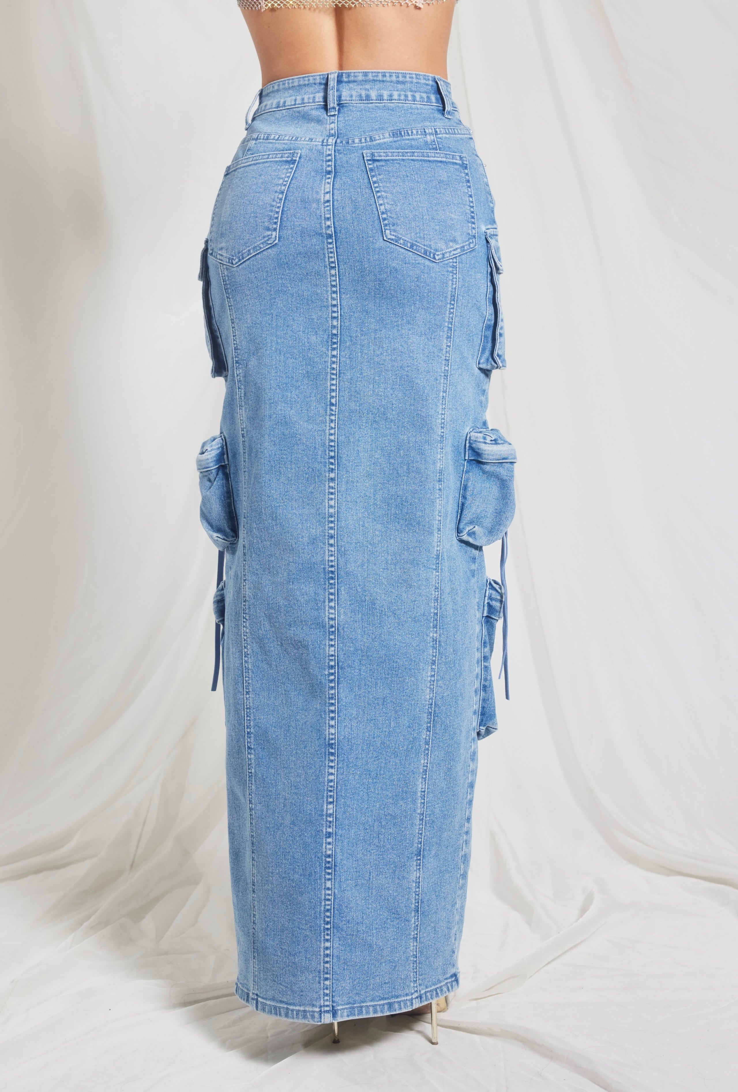 Denim Cargo Maxi Skirt