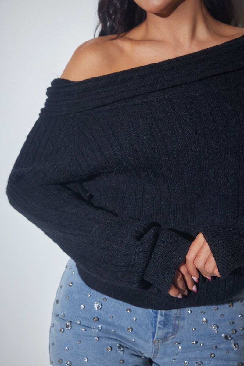 Off-Shoulder Cable Knit Sweater