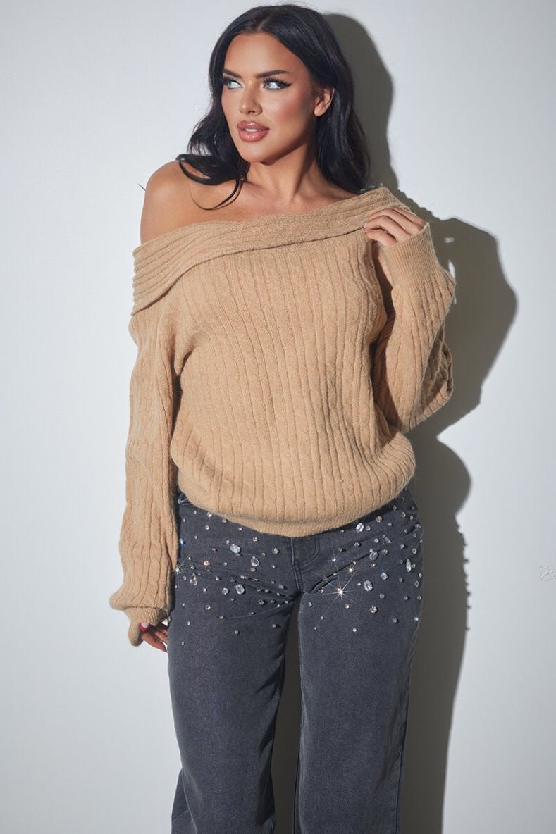 Off-Shoulder Cable Knit Sweater