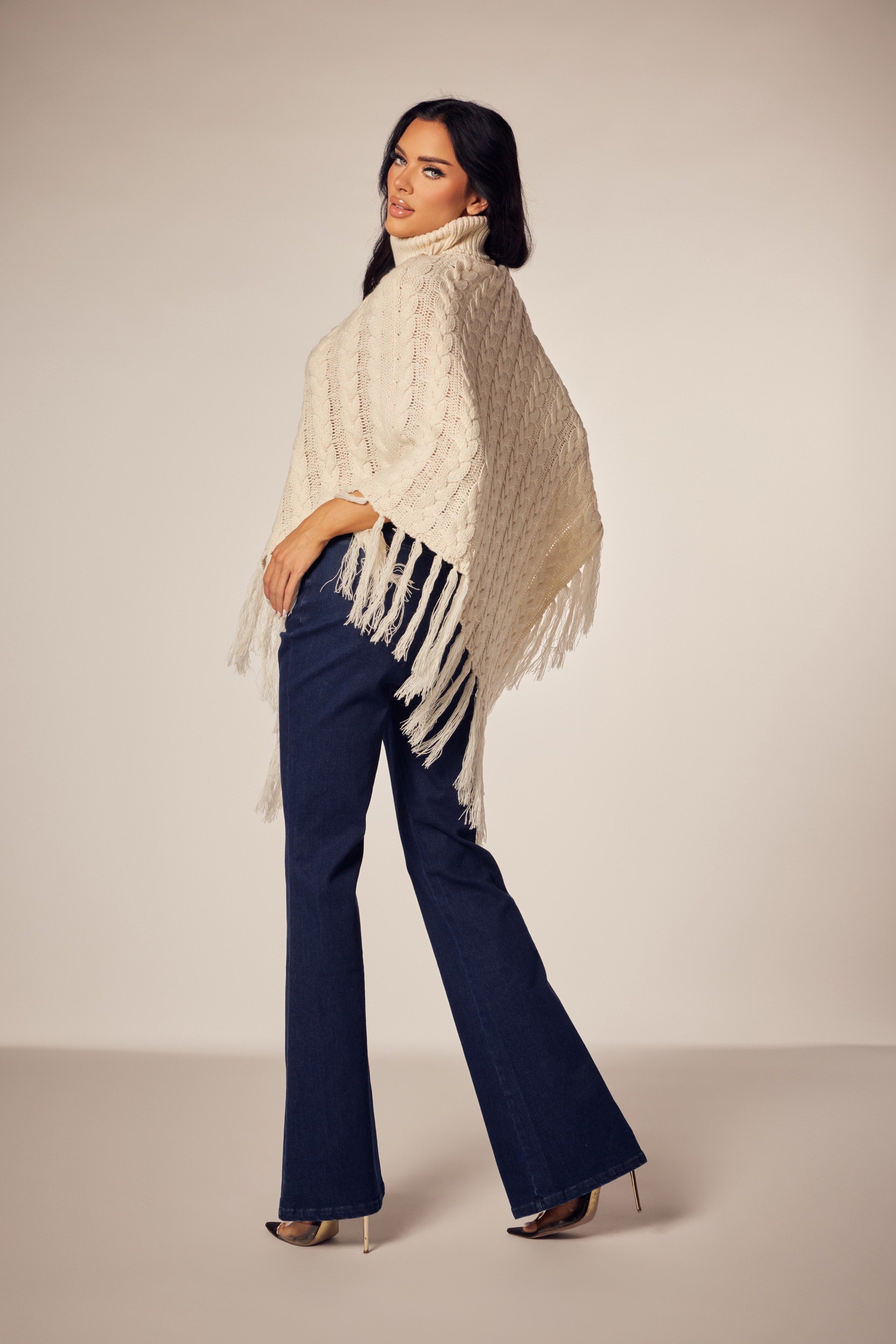 Fall Long Knit Poncho with Fringe