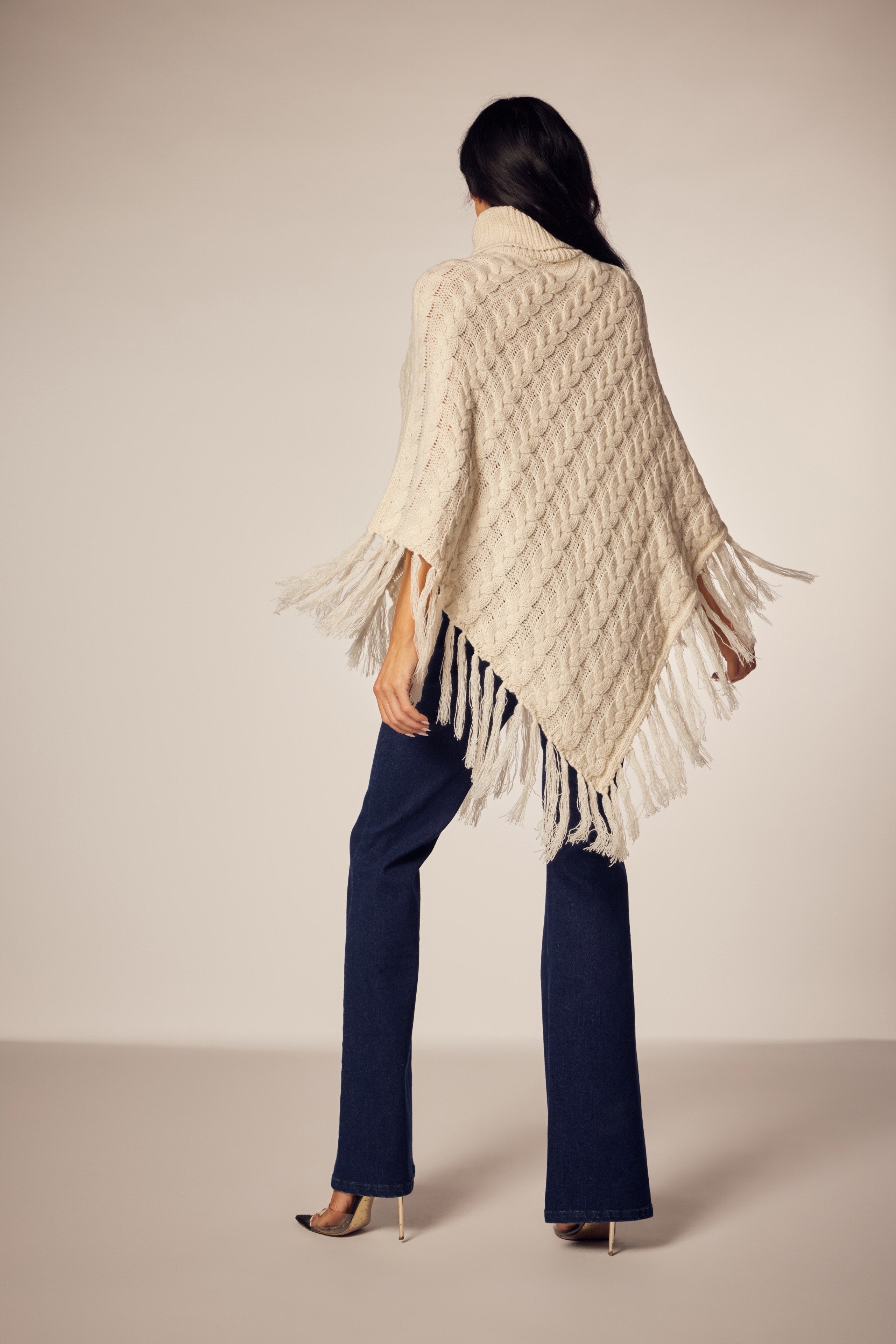 Fall Long Knit Poncho with Fringe