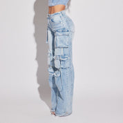 High Rise Straight Leg Cargo Style Denim