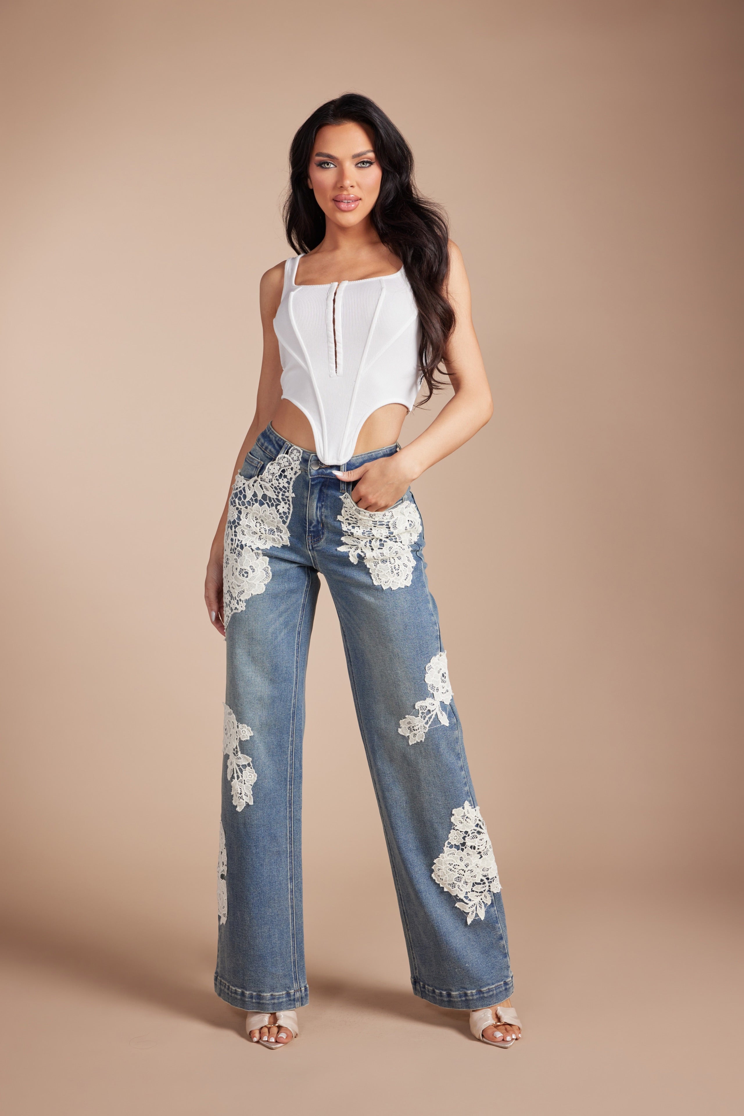 High Rise Floral Lace Applique Patchwork Wide Leg Jeans