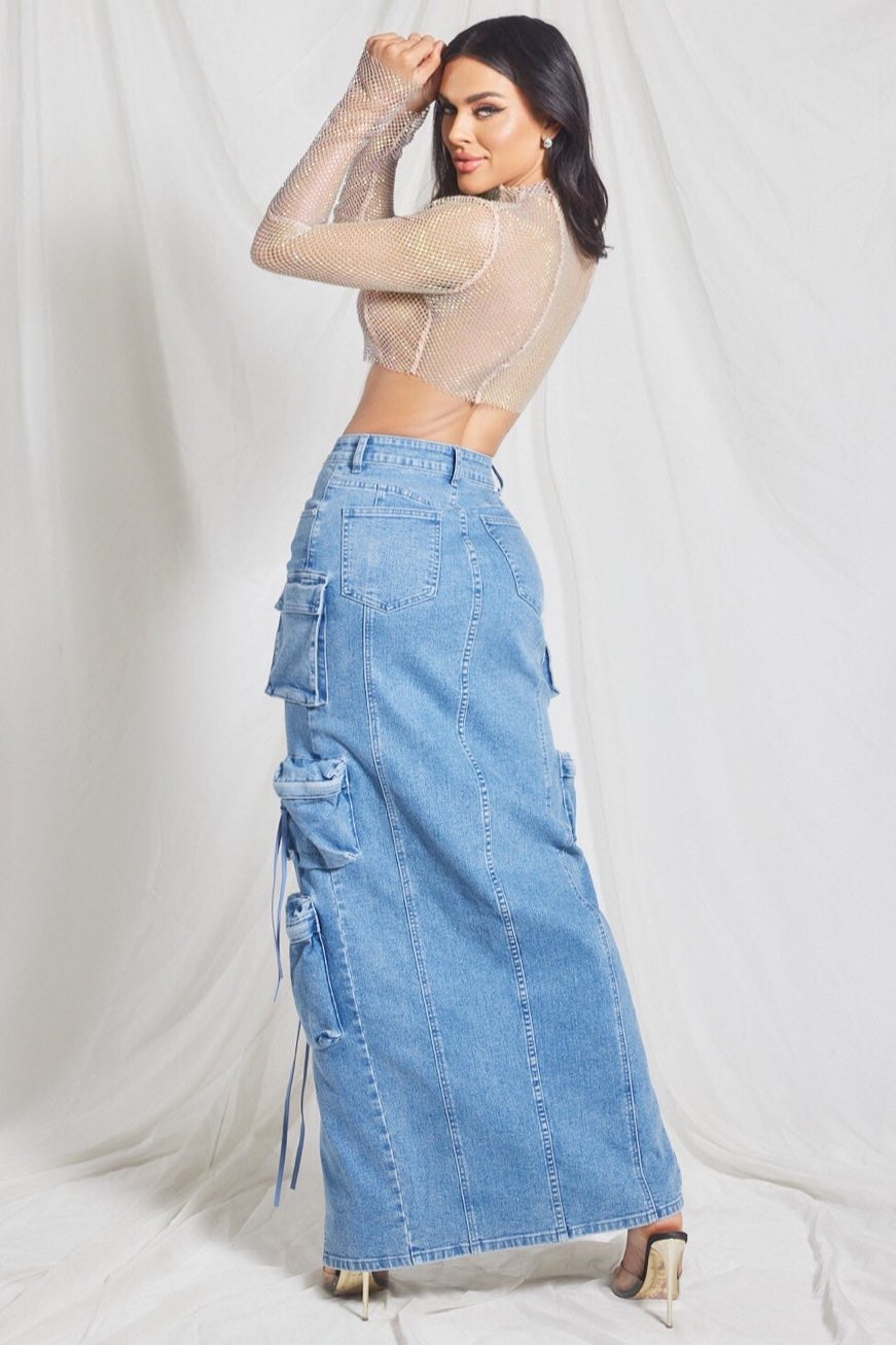 Denim Cargo Maxi Skirt