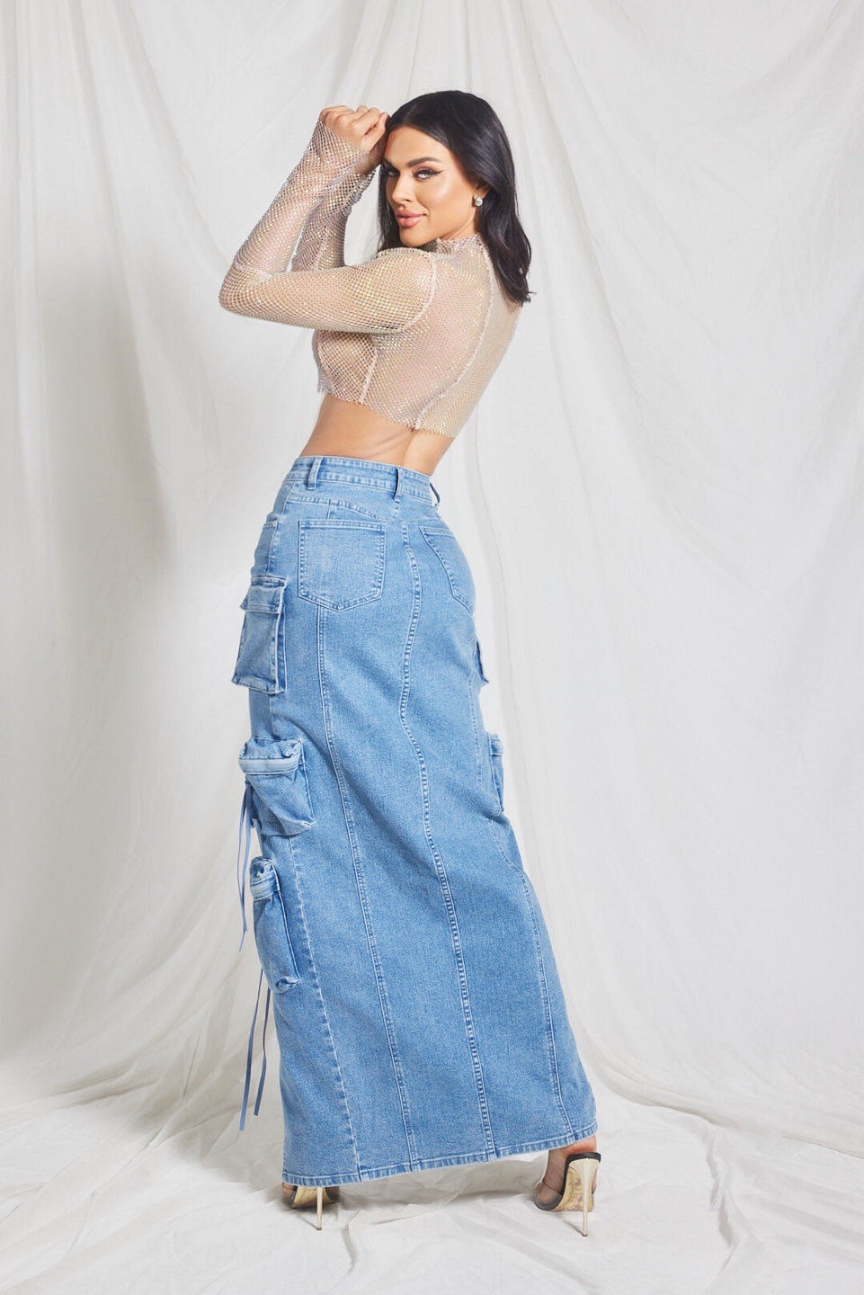 Denim Cargo Maxi Skirt