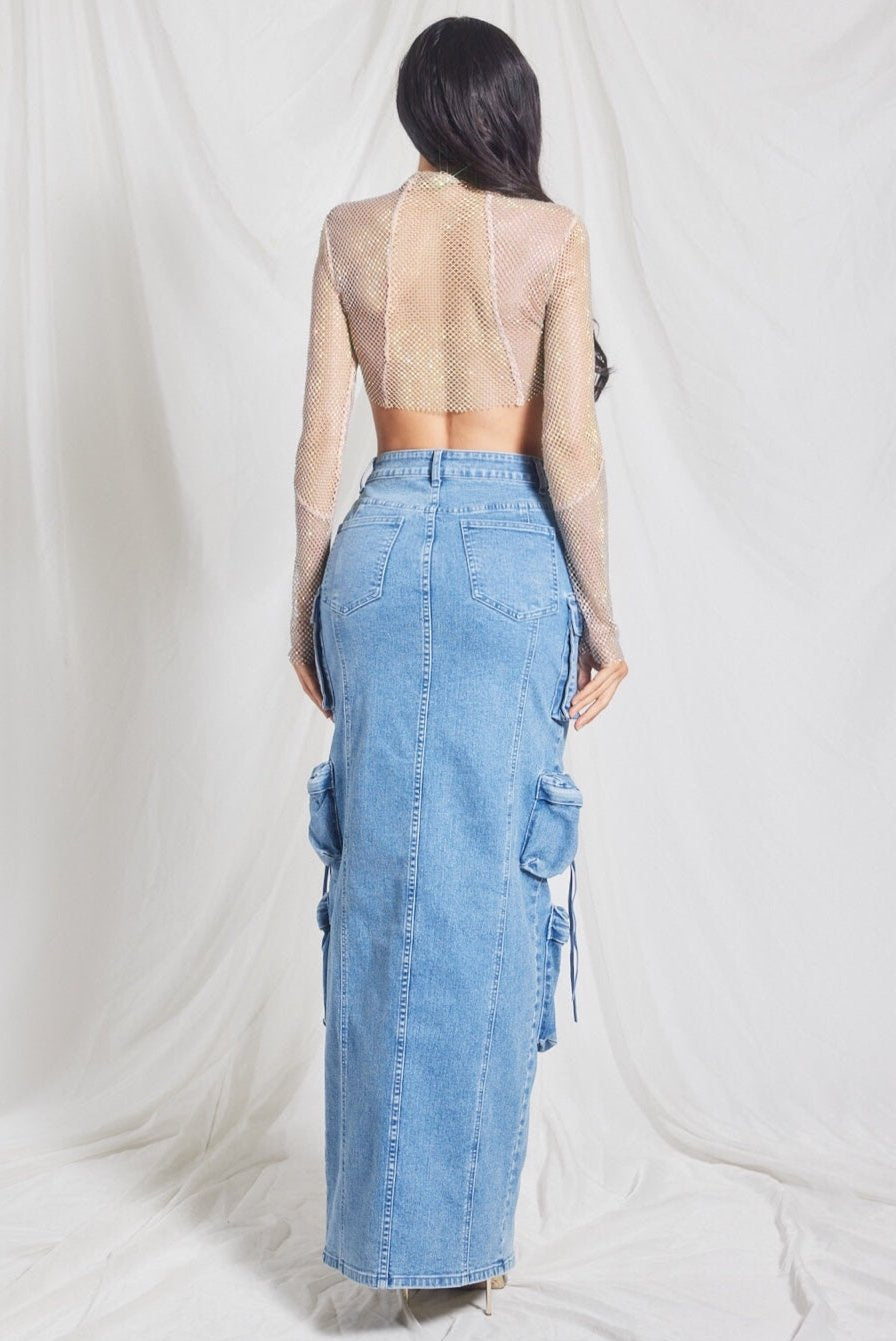 Denim Cargo Maxi Skirt