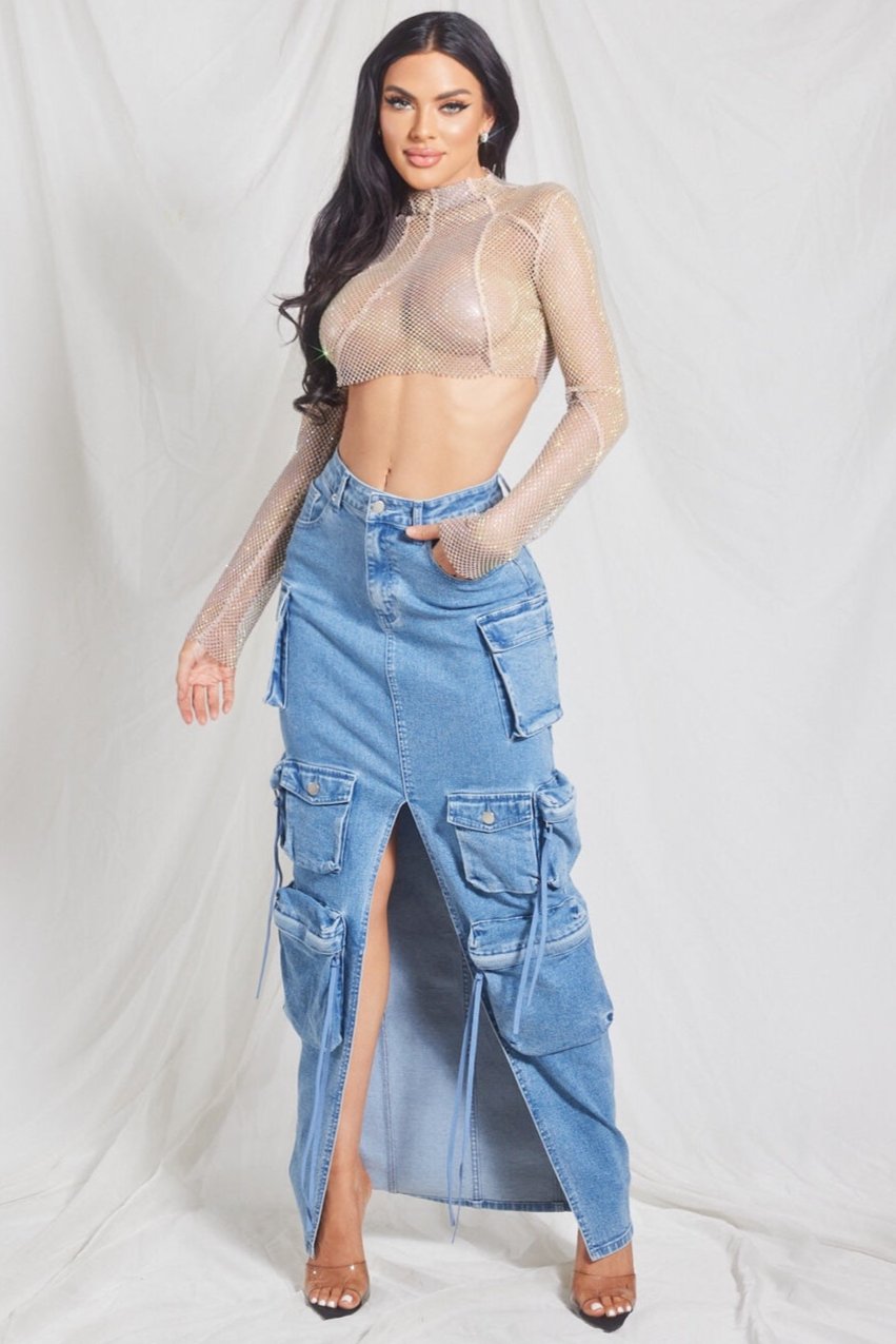 Denim Cargo Maxi Skirt