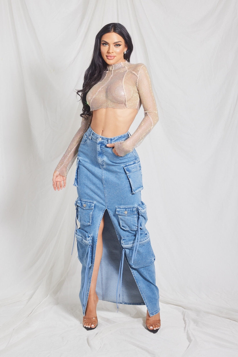 Denim Cargo Maxi Skirt