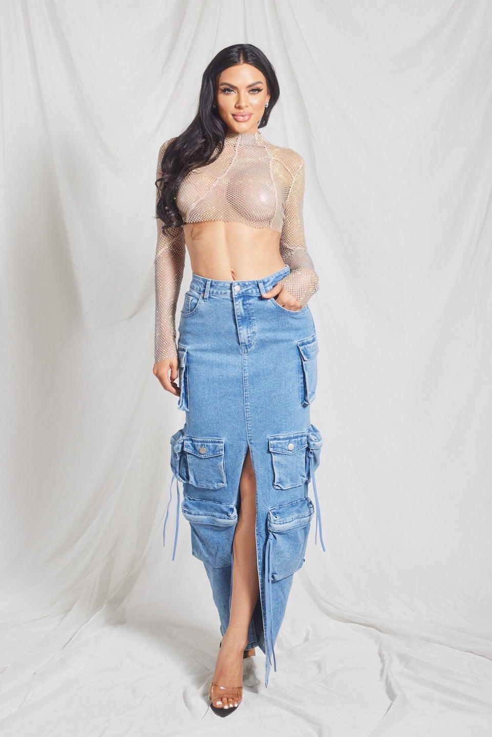 Denim Cargo Maxi Skirt