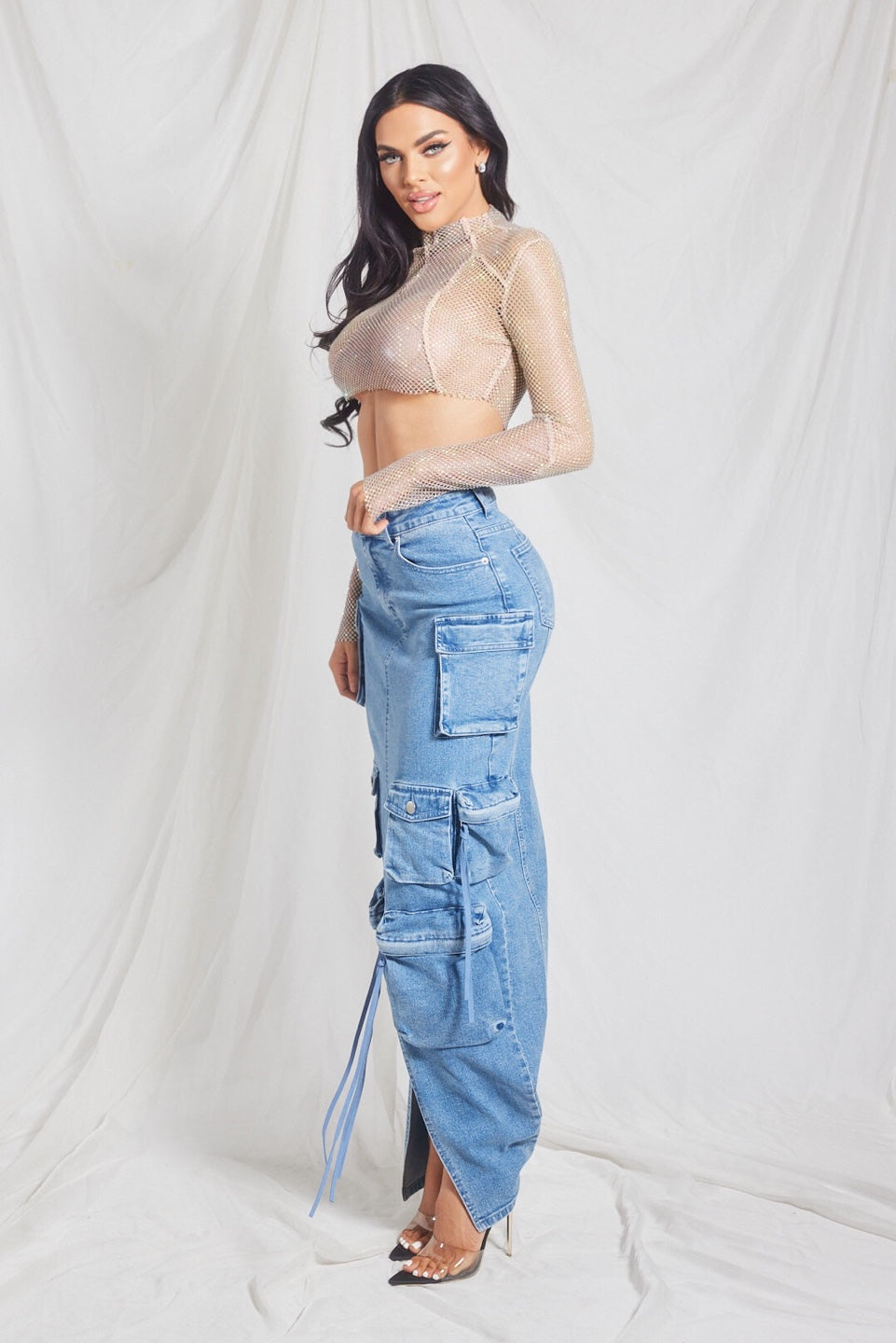 Denim Cargo Maxi Skirt