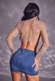 Long Sleeve Fishnet Rhinestone Crop Top