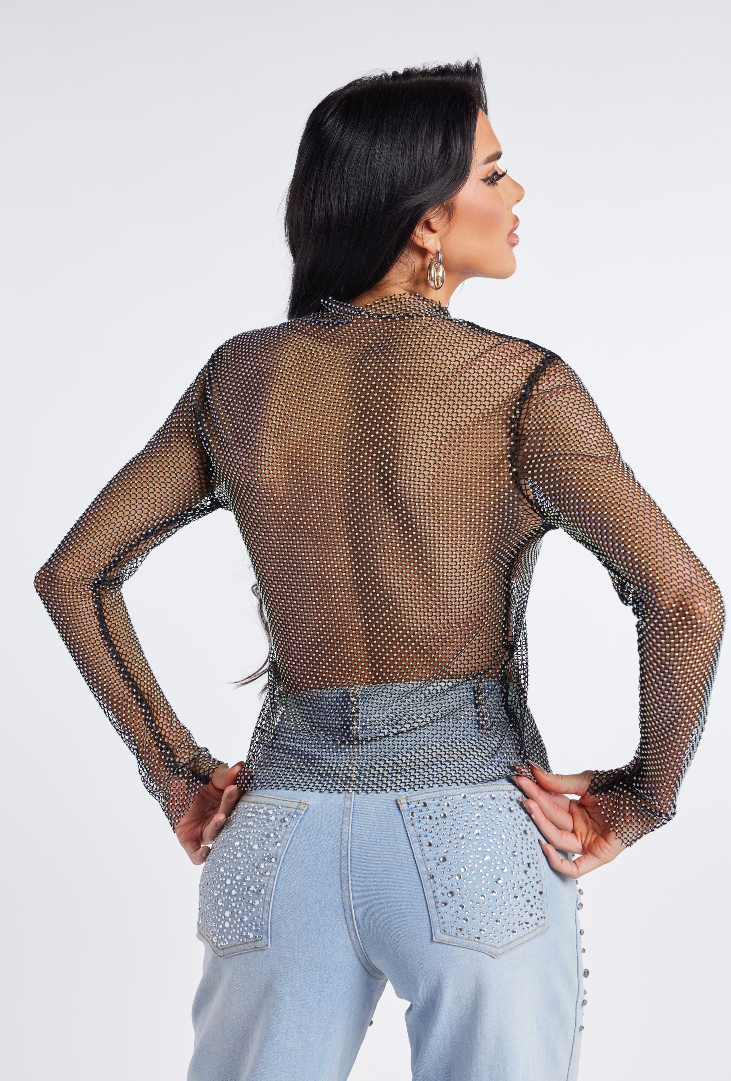 Starry Night Stone-Studded Sheer Fishnet Top with Mock Neck