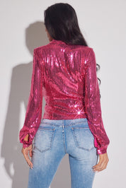 Sequin Fitted Button-Up  Blouse