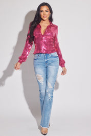 Sequin Fitted Button-Up  Blouse