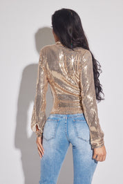 Sequin Fitted Button-Up  Blouse