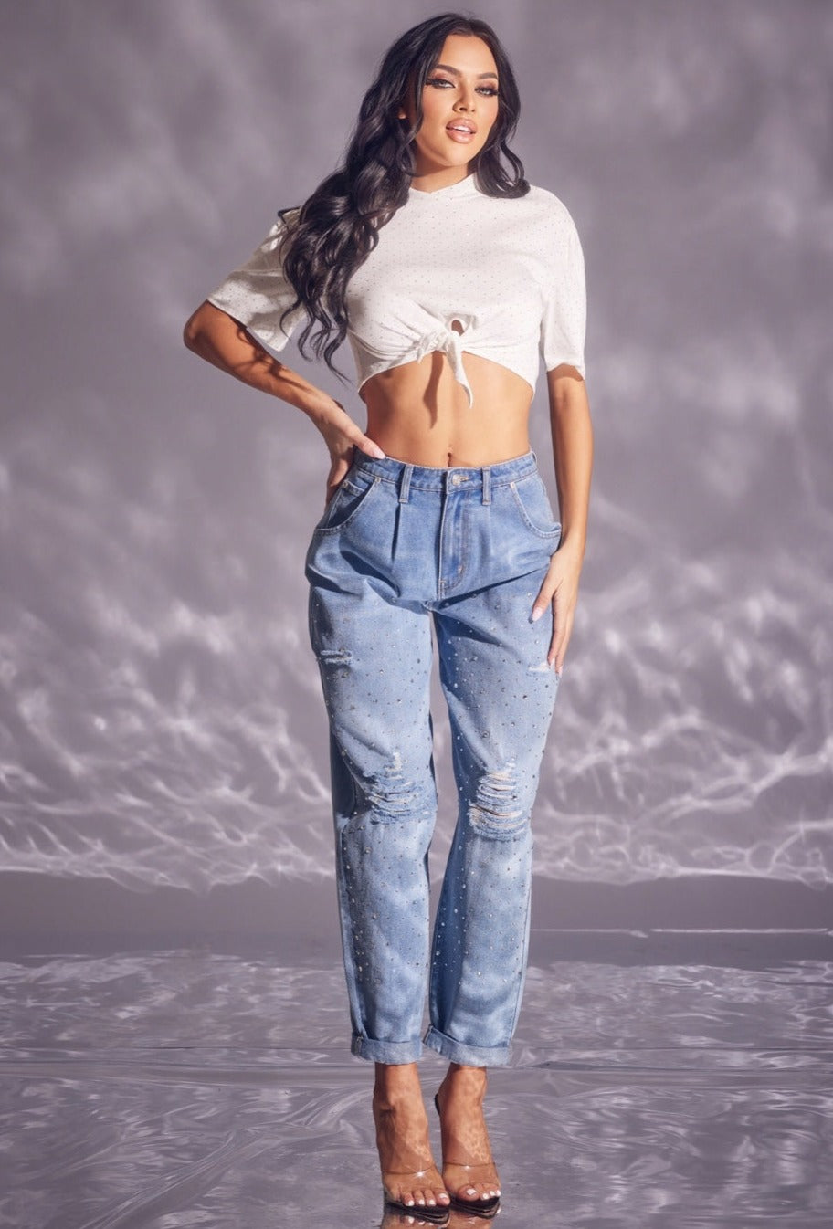 High Rise Rhinestone Distressed Denim Jeans