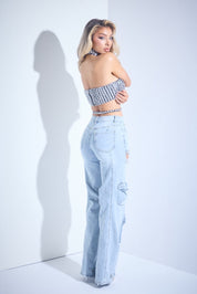 Rhinestone Cutout Denim Cargo Pants