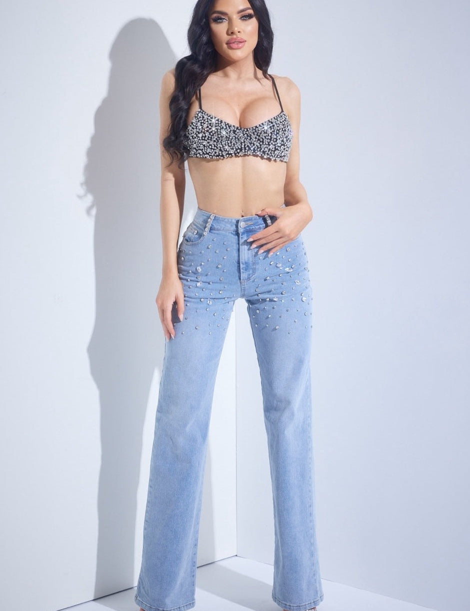 High Rise Rhinestone Denim Pants