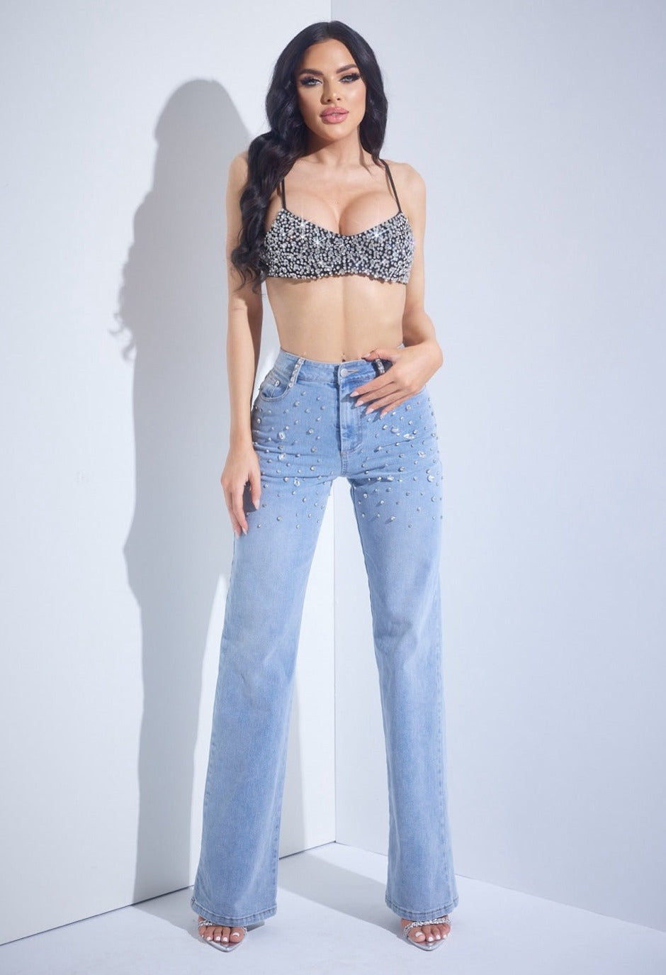 High Rise Rhinestone Denim Pants