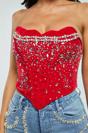 Strapless Velvet Rhinestone Corset Crop Top