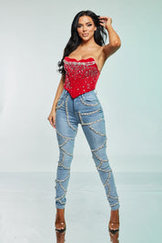 Strapless Velvet Rhinestone Corset Crop Top