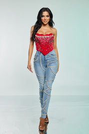 Strapless Velvet Rhinestone Corset Crop Top