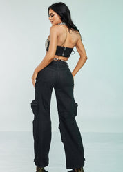 Rhinestone Cutout Denim Cargo Pants