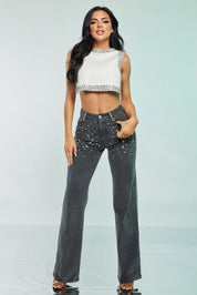 High Rise Rhinestone Denim Pants