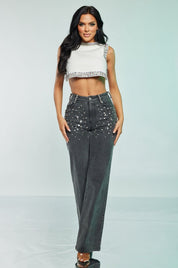 High Rise Rhinestone Denim Pants