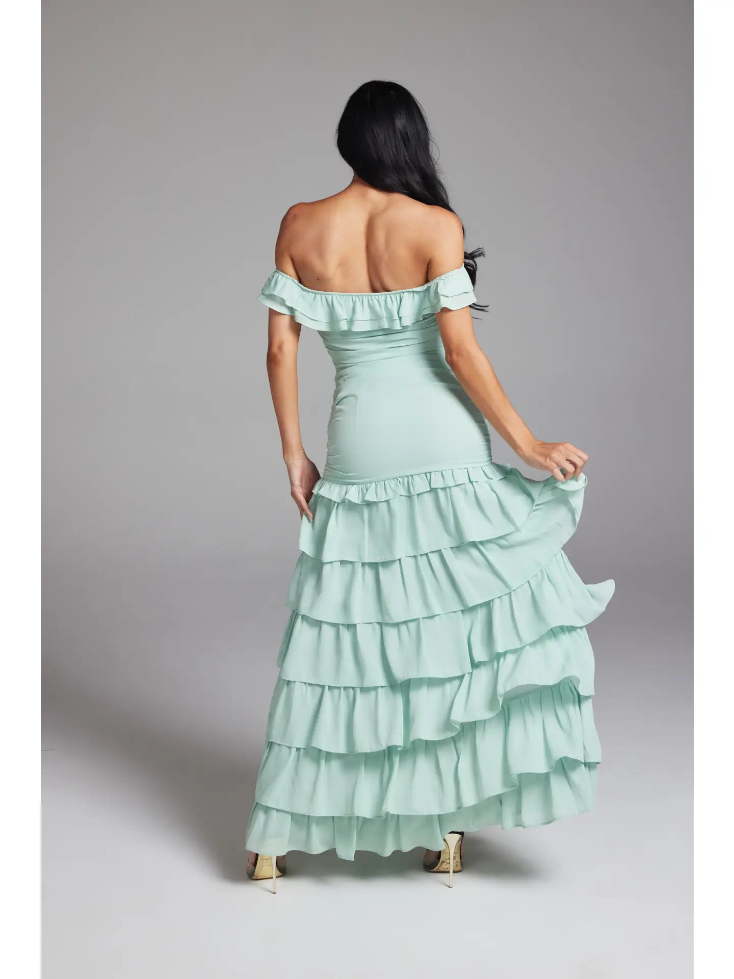 Off-the-Shoulder Ruched Tiered Ruffle Maxi Dress with High S