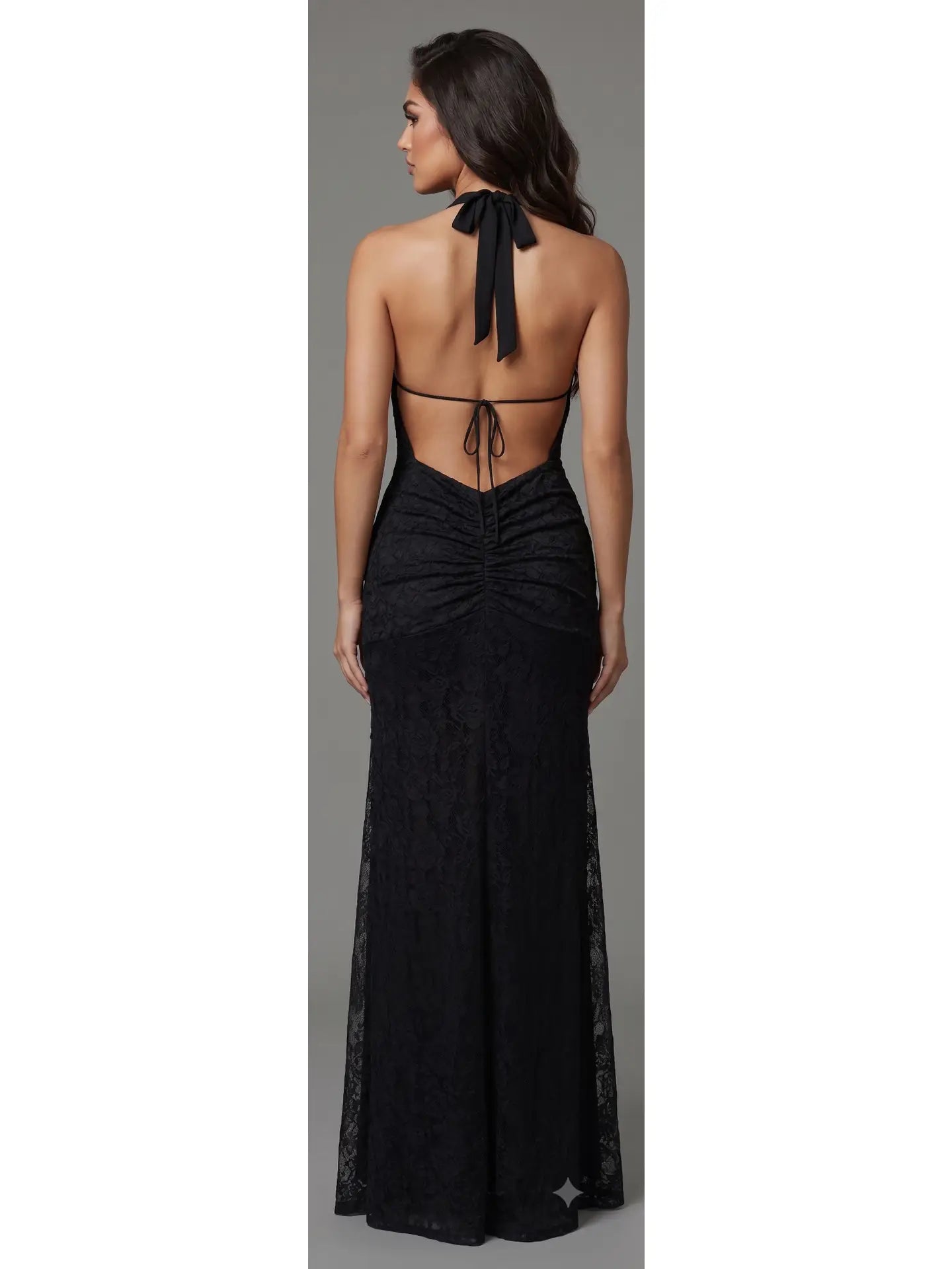 Cascading Ruffle & Floral Lace Backless Halter Gown